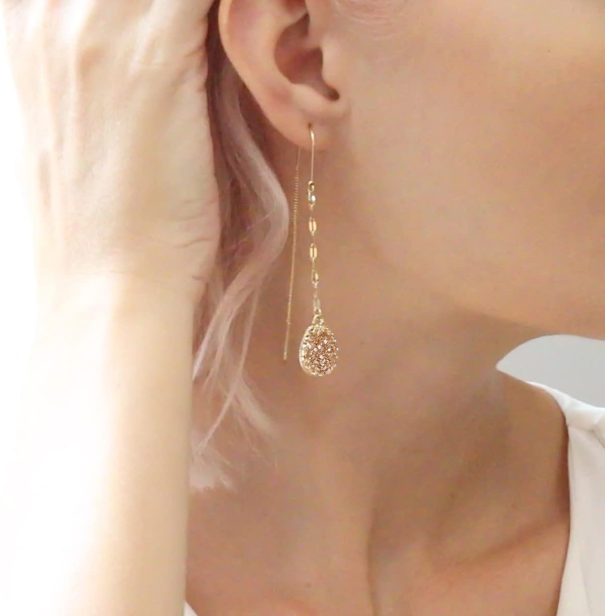 Simulated Druzy Threader Earrings for Women - Gold, Silver, or Rose Gold Tone Long Chain Earrings with Boho Created Geode Stone - Image 9