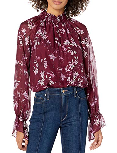 Ramy Brook Women's Floral Printed Keisha Long Sleeve Mock Neck TOP, Mahogany Combo, Extra Small