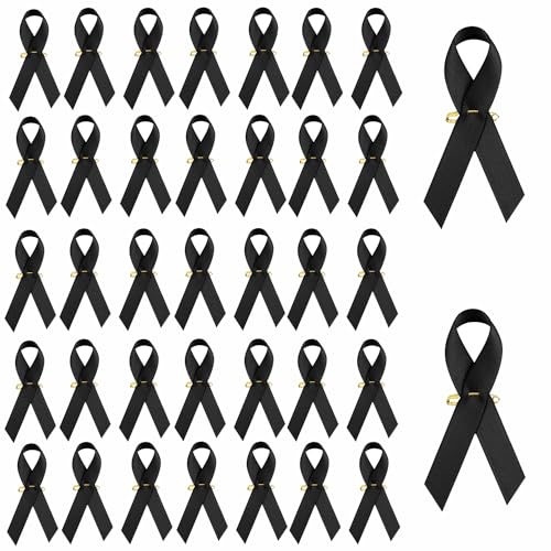 Image of 100pcs Black Ribbon Awareness Satin Pins Melanoma Cancer Skin Cancer Sleeping Disorders Awareness Pins Black Brooch with Safety Pins Funeral Ribbon Gifts for Mourning Remembrance Day
