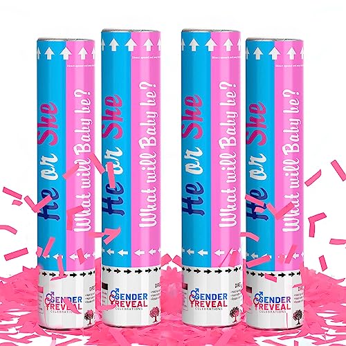 POPUPARTY 4 Pack Gender Reveal Confetti Cannon | No Powder Confetti Poppers | Ideal for Baby Girl Gender Reveal Decoration (4 Pink)