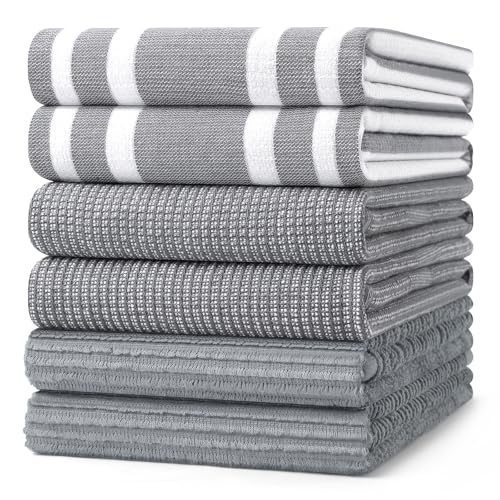 Homaxy Premium Kitchen Towels(18”x 28”, 6 Pack), Large Cotton 380 GSM Kitchen Hand Towels, Soft and Absorbent Terry Dish Towels, Multipurpose Tea Towel Set with Hanging Loop, Grey