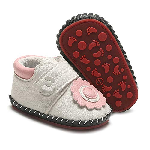 SOFMUO Baby Girls Boys Pu Leather Sneakers Anti-Slip Rubber Sole Cartoon Moccasins Handmade Newborn Slippers Hard Bottom Toddler First Walkers Infant Crib Shoes (Flower White,12-18 Months)
