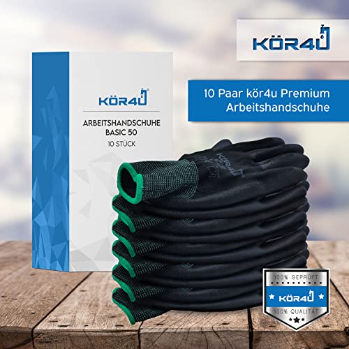 Foto von kör4u 10 Paar Arbeitshandschuhe Basic, atmungsaktiv und beschichtet, als Schutzhandschuhe, Gartenhandschuhe Damen und Mechaniker Handschuhe geeignet, hochwertige PU-Beschichtung, dünn und leicht