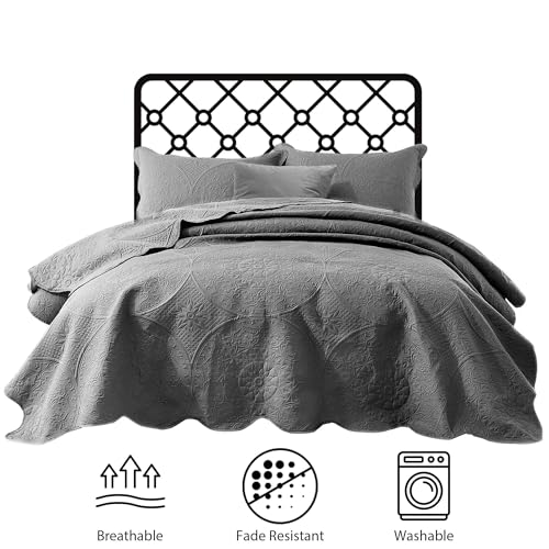 IR Imperial Rooms King Quilt Bedding Set Size (106" x 96") + 2 Pillow Shams (20" x 36"+ 2") - 3 Pcs All Season Lightweight Reversible Microfiber Coverlet Floral Embossed Quilt Bedspread (Grey)