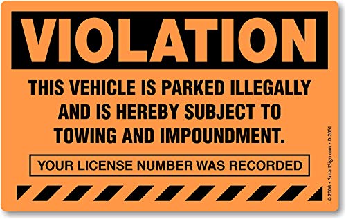 SmartSign (50-Pack) 5 x 8 Violation - Vehicle Illegally Parked Subject to Towing/Impoundment Parking Stickers with Permanent Adhesive 4.5 mil Paper Fluorescent Orange/Black