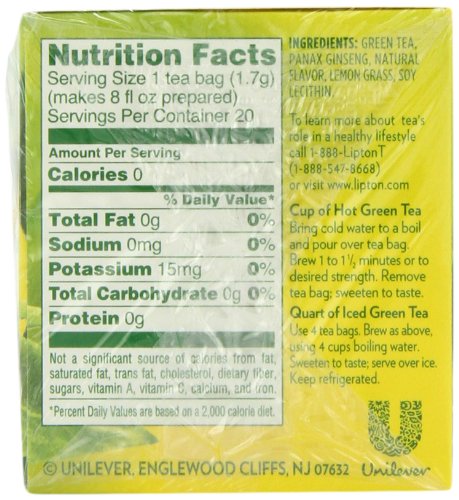 Amazon.com : Lipton Green Tea Bags, Lemon Ginseng, 20 ct ...