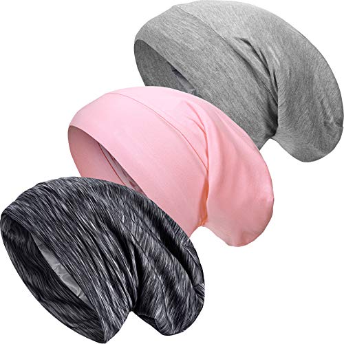 3 Pieces Hair Cover Bonnet Satin Lined Sleep Cap Adjustable Silk Lined Slouchy Beanie Slap Night Sleeping Cap (Black, Pink, Grey)