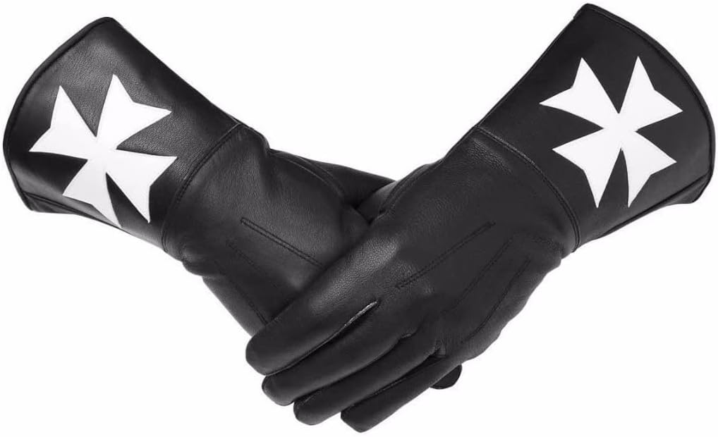 Bricks Masons Knight of Malta Black Gauntlets White Maltese Cross Soft Leather Gloves - Small