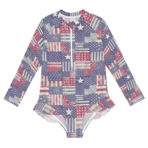 CHIFIGNO One Piece Swimsuit Girls Quick Dry Rash Guard Ruffles Swimwear Sport Bathing Suit UPF 50+, American Flag Stripes and Stars, Size 5-6
