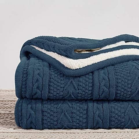 Longhui bedding Acrylic Cable Knit Sherpa Throw Blanket - Thick, Soft, Big, Cozy Grey Blue Knitted Fleece Blankets for Couch, Sofa, Bed - Large 50 x 63 Inches Gray Blue Coverlet All Season Cover
