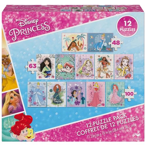 Spin Master Games, Disney Princess 12-Puzzle Bundle - Moana, Ariel, Mulan, Cinderella & More, with 48-Piece, 63-Piece, & 100-Piece Disney Puzzles for...