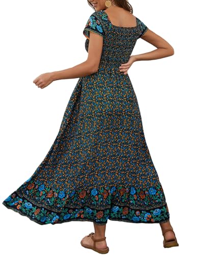 Image of Summer Smocked Boho Maxi Dress for Women 2026 Short Sleeve Floral Smocked Flowy Ruffled Beach Vacation Dresses Lightweight