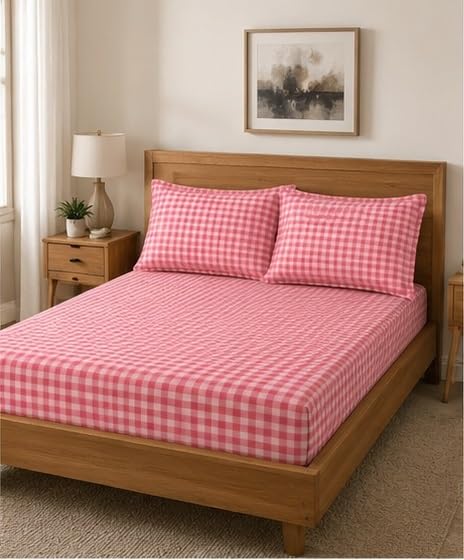 Image of 210 TC Glace Cotton Checked Design Pink Checked Printed Cotton Bedsheet with Pillow Cover - Soft & Breathable Single Bed Sheet 90x90 Inche