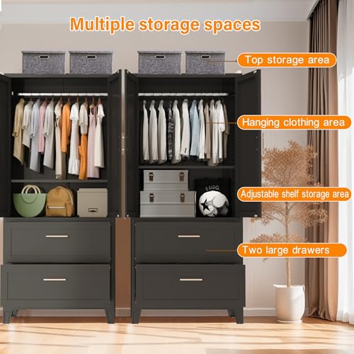 WOCFYK 71" Tall Metal Wardrobe Cabinet with 2 Drawers and Hanging Rod, 2 Doors Wardrobe Closet with Shelf for Bedroom, Office, Laundry Room,Entryway,Foyer,Guesthouse (Black) by WOCFYK - Image 9