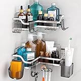 【10 Badezimmer-Accessoires】 Das Duschregal verfügt über 10 robuste Haken zum Aufhängen von Seifenschalen, Zahnpastabechern, Rasierklingenhaltern, hängenden Zahnbürsten, Windeln, Handtüchern und mehr. Stabiles und praktisches Zubehör bietet Ihnen mehr Möglichkeiten und Platz, um Ihre Badutensilien zu organisieren.