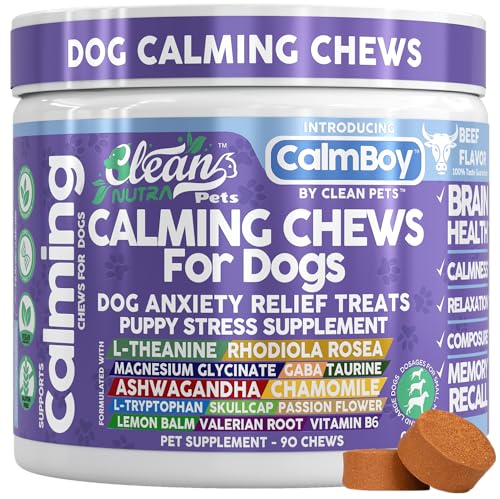 Clean Nutra Calming Chews for Dogs Dog Anxiety Relief Supplement L Theanine Ashwagandha Rhodiola GABA Magnesium Valerian Natural Ingredients 90 Chews Beef Flavor