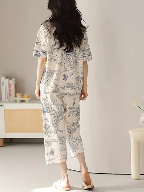 Image of LUXERUDRA Women's Pajama Set, Soft Breathable Korean Style Nightsuit with Top & Full Pants, Lightweight Loose Fit Nightwear & Loungewear for Girls & Women.
