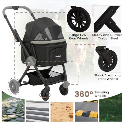 Image of Babyboat Portable Dog Stroller for Small Dogs Cats Up to 35 Lbs - Black | One Hand Folding Compact Travel Pet Stroller with Convertible Canopy, Storage Basket, Cup Holder