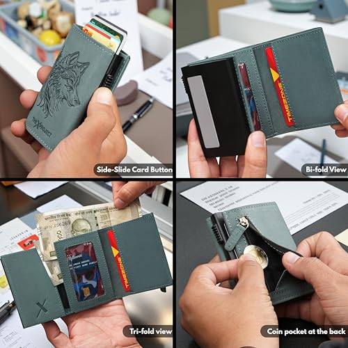 Image of The X Project FrostWolf Trifold Wallet | Premium Genuine Leather | Aluminium Cardholder | Side Slide Pop-Up Card Ejector | Carry Up to 6 Cards and 1 Slot for Carrying Cash & Folded Bills (Blue)