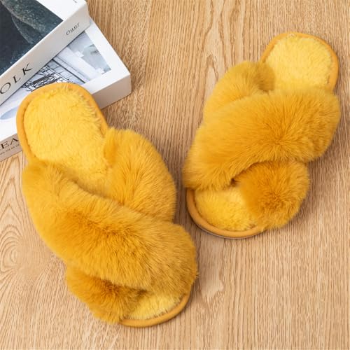 Image of Enteer Women's Slipper Memory Foam Cross Band Fuzzy Slippers Open Toe Cozy House Slippers Cozy Plush Bedroom Indoor Outdoor