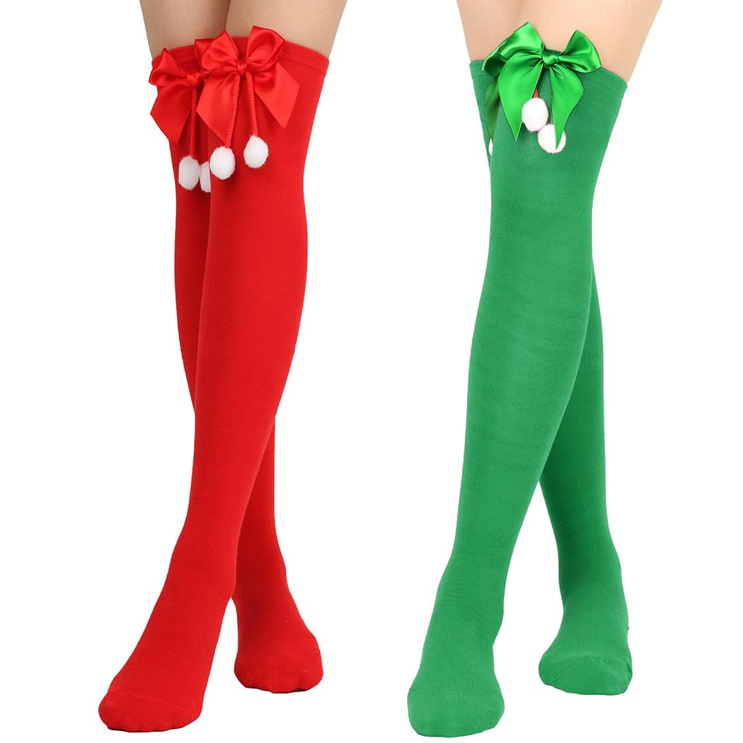 Christmas Thigh High Stockings Bow Striped Stockings Holidays Knee Stocking for Women 2 Pairs
