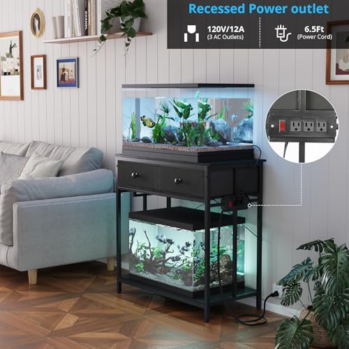Image of VOWNER 20-29 Gallon Aquarium Stand with Power Outlet, Metal Frame Fish Tank Stand with Cabinet Storage, Double Turtle Reptile Terrariums Tank Stand, 31.5 inch L*15.7 inch W Tabletop, 400LBS Capacity, Black
