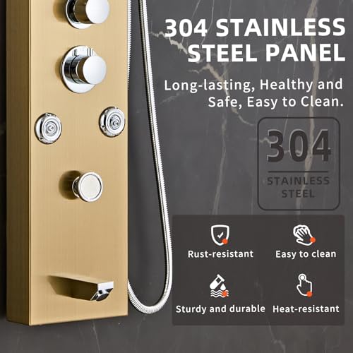 Image of LED 5-in-1 Shower Panel Tower System,Brushed Gold