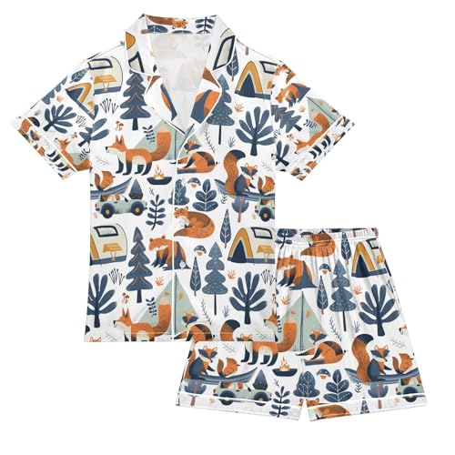 senya Picnic Fox Satin Summer Pajama Sets Silk Short Sleeve Button Down Sleepwear