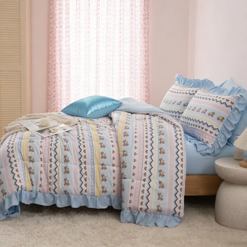 Image of A Nice Night Blue Ruffle 6 Pcs Boho Comforter Set,Queen