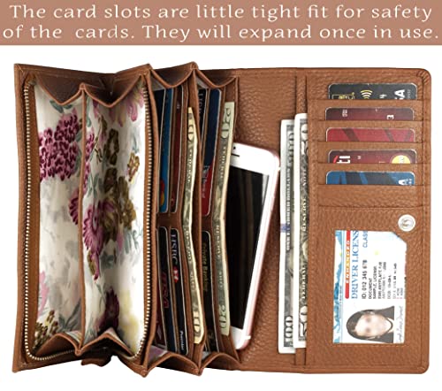 Image of Women's Top Grain Leather Wallet, RFID Blocking Bifold clutch, 17 Card Slots, Zip Pocket Organizer, Elegant Gift for Women - Birthday, Valentine, Anniversary - Pebble Cognac