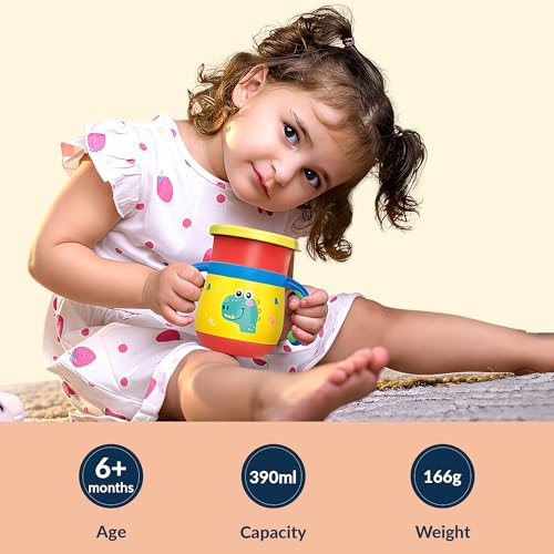 Image of rabitat Sip Around Personalized Stainless Steel Sipper 390ml | 2 Years Brand Warranty | Leak Proof | BPA Free | Sippy Cup for Kids with Soft Silicone Rim | Ergonomic Design, Dino Dash