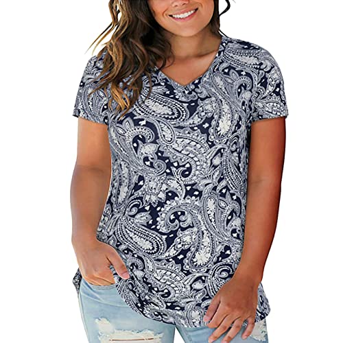 Women s V Neck Short Sleeve T Shirts Floral Printed Blouse Drop Tail Hem Relaxed Fit Tees