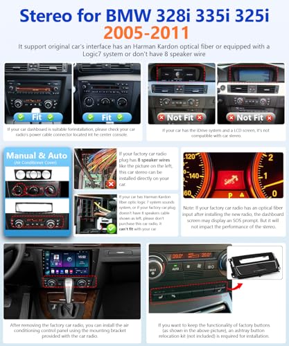 Image of 8Core Radio for BMW 328i 335i 325i E90 E91 E92 E93 2005-2011 Stereo Wireless CarPlay Android Auto, 9 inch Touch Screen for BMW 128i Head Unit BT FM RDS DSP GPS WiFi SWC Camera, 2G+32G Has Fiber
