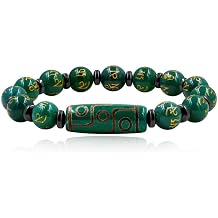 Classic Comfortable Mens Tibetan 9 Eye Dzi Bead Prayer Bracelet, Six Syllable Mantra Lucky Protection Elastic Bracelets, Handmade Agate Meditation Blessing Bangle