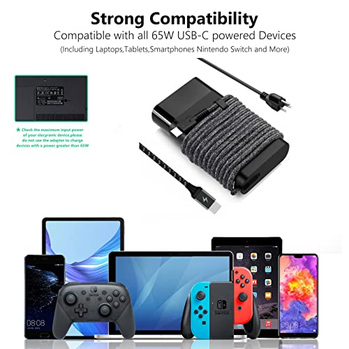 65W Slim Usb-C Charger With Premium Braided Nylon Cord - Fast Charging Type-C Power Adapter For Hp Elitebook X360, Chromebook, Spectre X360, Probook, Dell, Asus Laptops And More Usb-C Devices #TOP3