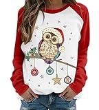 Onsoyours Damen Weihnachten Langarmshirt Weihnachtspullover Festliche T-Shirt Rundhals Slim Fit Pullover Sweatshirt Bedrucktes Bluse Shirt Tunika Weihnachten Oberteil B Weiß M