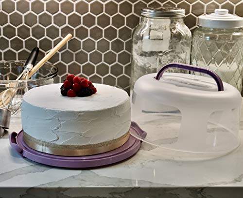 Top Shelf Elements Round Cake Carrier Two Sided Cake Holder Serves as Five Section Serving Tray, Portable Cake Stand Fits 10 inch Cake, Cake Box Comes With Handle, Cake Container Holds Pies (Lilac) - Thumbnail 3