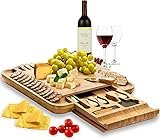 Cheese Board and Knife Set - Natural Crafted Bamboo Wood for Slicing Cheese | Hidden Drawer with Stainless Steel Cutting Knives, Slate Chalk Labels & Markers | by Weegee