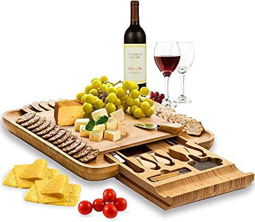 Cheese Board and Knife Set - Premium Quality Bamboo Charcuterie Platter for Slicing Cheese, Meat, Fruits, Vegetables - Hidden Drawer with 4 Stainless Steel Cutting and Serving Utensils - by Weegee