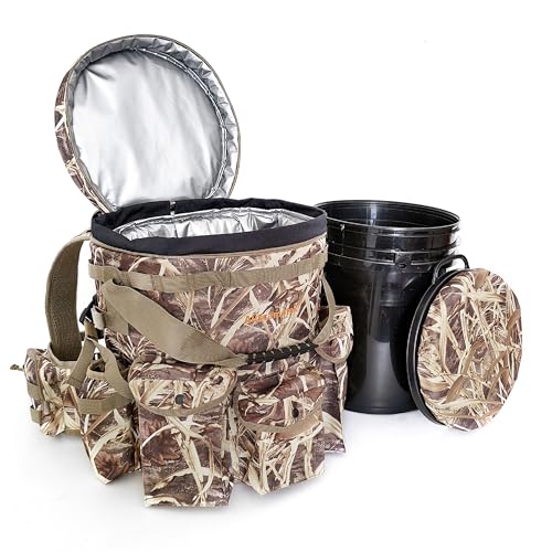 AUSCAMOTEK Insulated Bucket Backpack with 360° Swivel Lid – Camo Cooler Backpack with 5-Gallon Bucket for Hunting, Fishing, Camping, Outdoor Sports – Wetland Camo