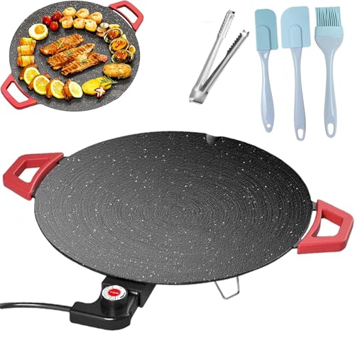 Non-Stick Electric Indoor Grill Pan - 1500w Portable Electric Korean Bbq Grill, Multifunctional Nonstick Smokeless Round Griddlewith Temperature Control,Include Oil Brush,Food Tongs