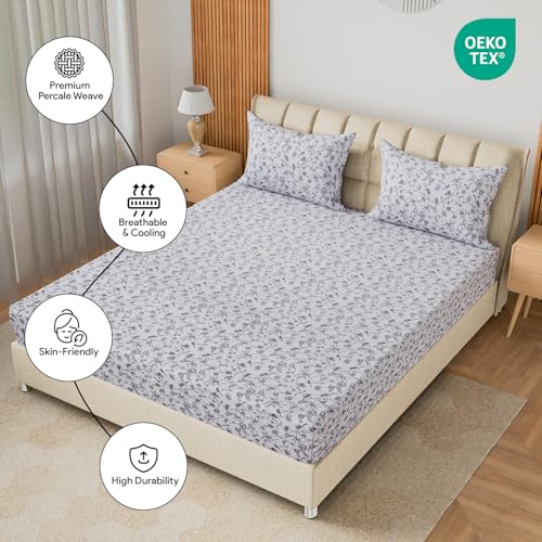 Image of LINENWALAS 100% Cotton 200 TC Double Fitted Sheet with 2 Pillow Covers | 360 Elastic Bedsheet with 4-8 inch Deep Pocket - Soft Breathable Bedding (72x72 inch, Grey Flora)