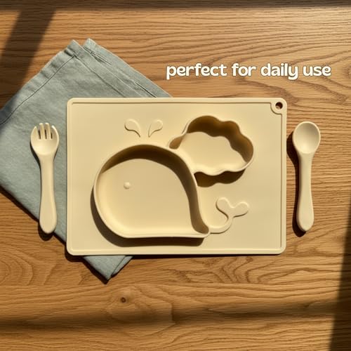 Image of Silicone Baby Meal Plate Set with Spoon & Fork | Whale Shaped | Banana Yellow | 2 Section Divided Plate for Toddlers | Food Grade Kids Feeding Set | Microwave Dishwasher Safe