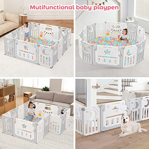 Baby Playpen, Dripex Foldable Baby Play Yard, Toddler Safety Fence, 14-Panel Adjustable Portable Play Area for Indoor/Outdoor, Grey White