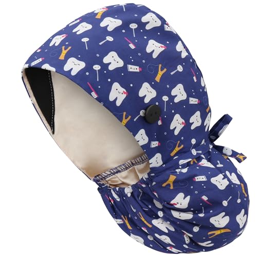 Image of QBA Adjustable Working Cap with Button, Satin-Lined Hat, Cotton Working Hat Sweatband, Elastic Tie Back Hats Unisex