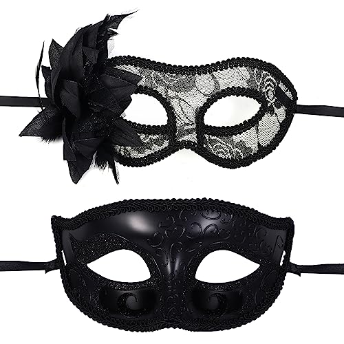 Photo de JewelryWe Masque Vénitien Couple Dentelle Fleur,Ensemble de Masque Carnaval Femme Homme,Masque Halloween Gothique pour Déguisement,Mascarade;Bal de Maquillage,