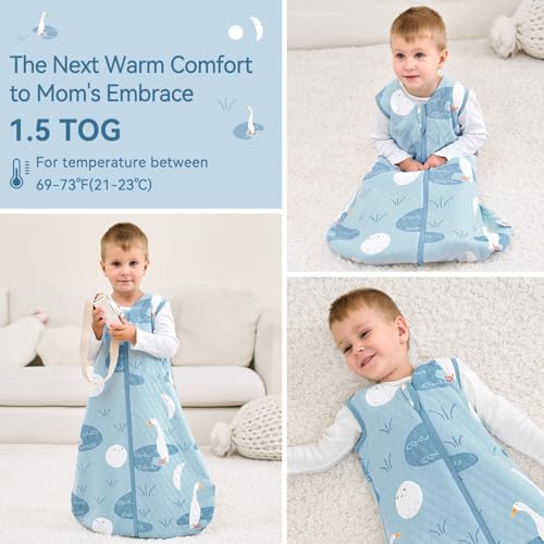 Image of Baby Sleep Sack 0-6 Months 1.5 Tog Baby Wearable Blanket 100% Cotton Fabric Warm Sleeping sack with 2-Way Zipper Quilted for Infant Newborn Tog Blue Duck