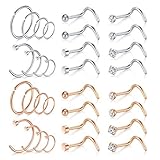 Mayhoop Aros de nariz de 20 g para mujeres y hombres, hipoalergénicos, acero inoxidable quirúrgico 316L, tornillo de nariz en forma de L, hueso, plata, oro rosa, negro, arco iris, paquete de 28