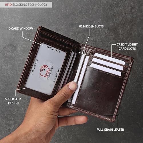 Image of FOXHACKLE Slim Bifold Leather Wallet for Men with Secret Hidden Pocket and Coin Pocket, RFID Blocking Men's Wallet with Separate Bill Section(Crunch Brown)