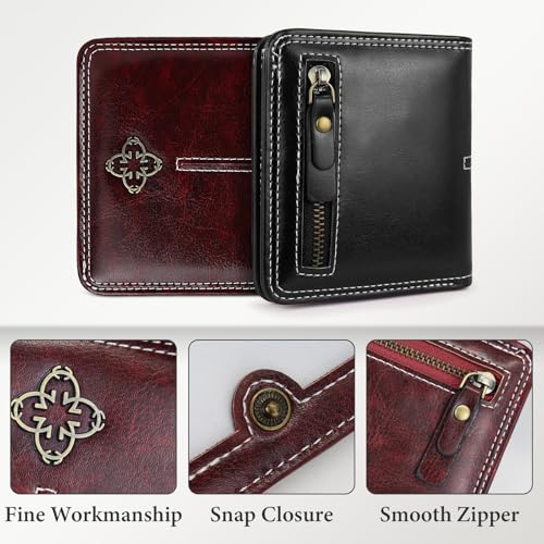Small Wallets for Women, Flower Snap Soft PU Leather Slim Wallet Women Compact Card Holder Wallet with Zip Pocket (Red)3